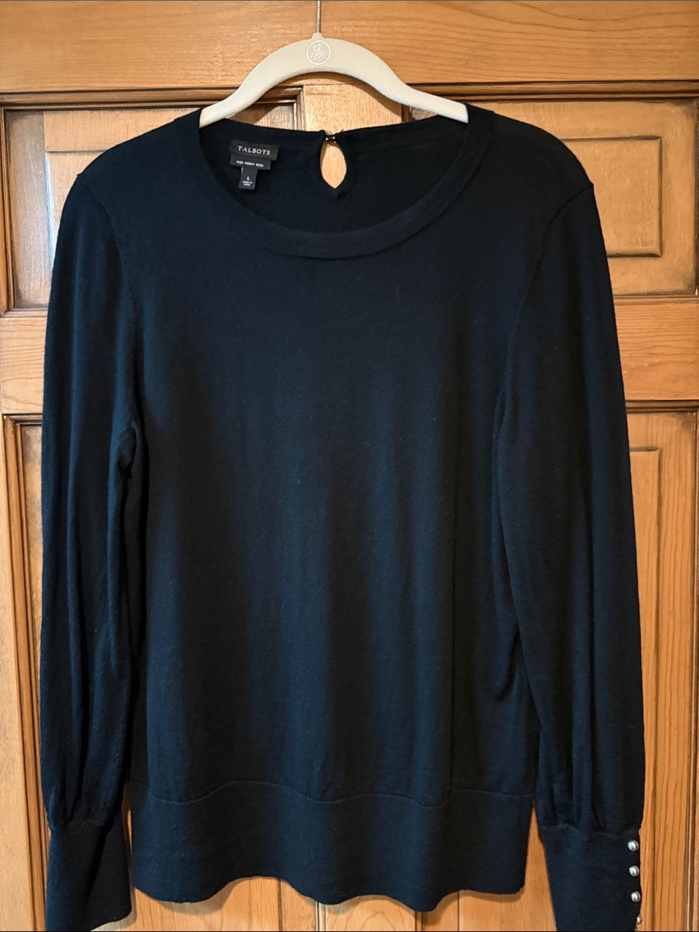 Talbots Black Crewneck Sweater with Pearl Cuff Buttons